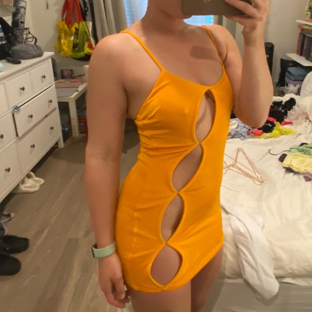 Oh Polly Asymmetric Cut Out Mini Dress in Orange